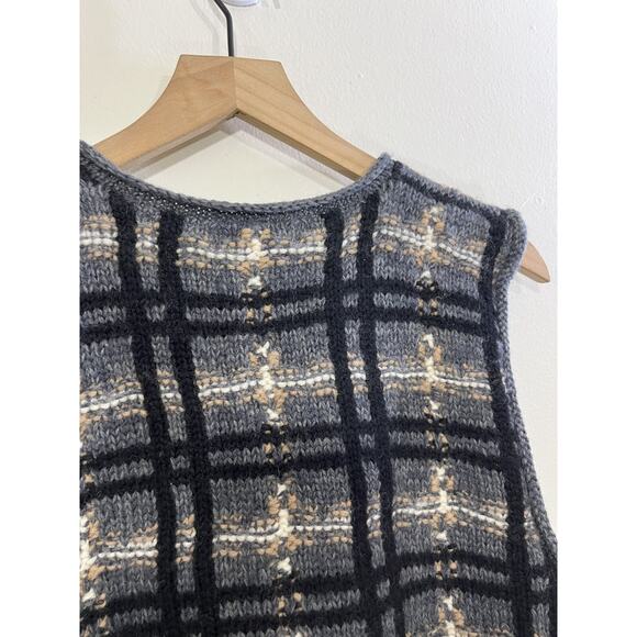 90s Cottagecore Grandma Wool Knit S Windowpane Plaid Vest Rustic Grunge Cozy Y2K - Picture 9 of 12